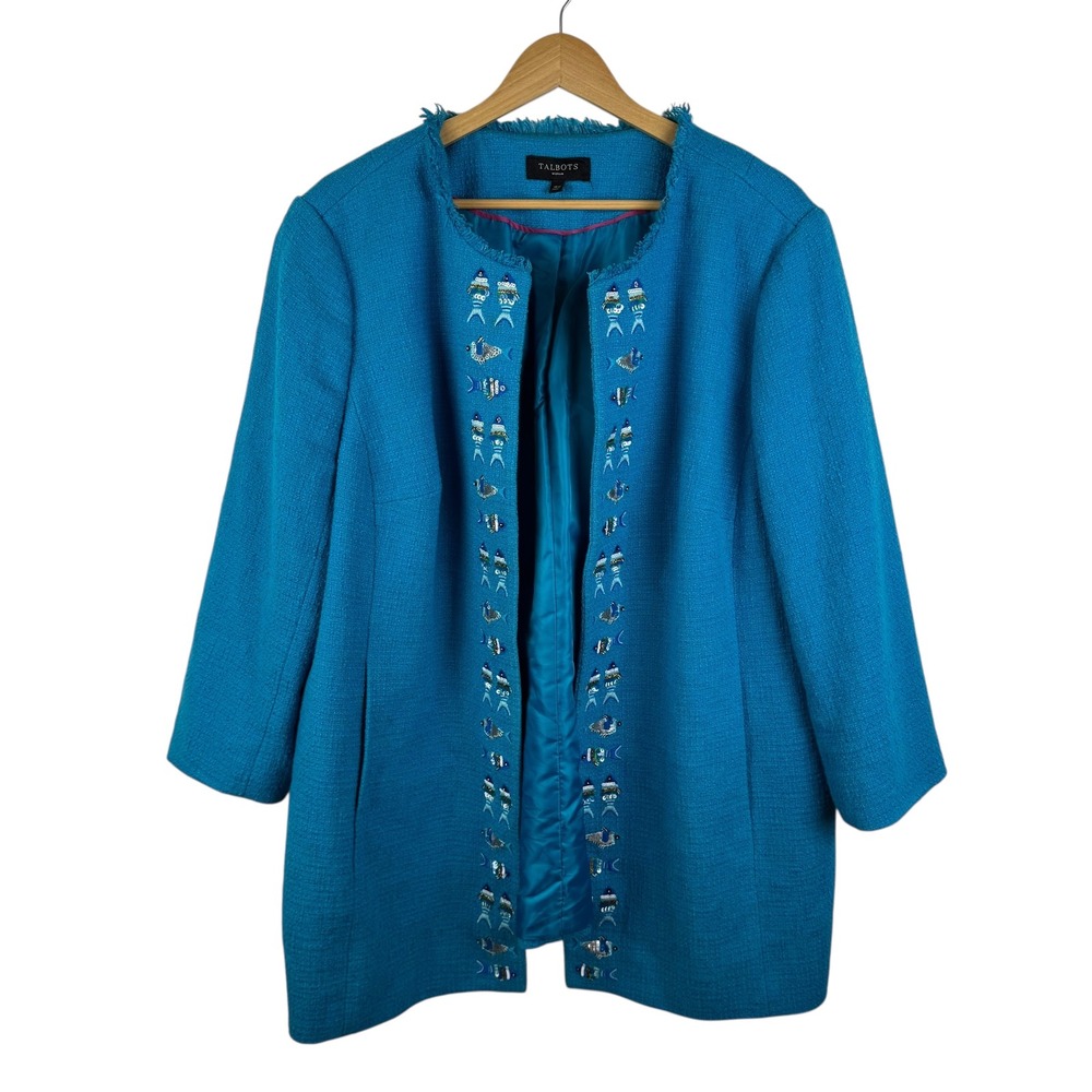Talbots Fish Beaded Embellished Tweed Jacket Size 18W Blue Open Front Preppy - Picture 1 of 9